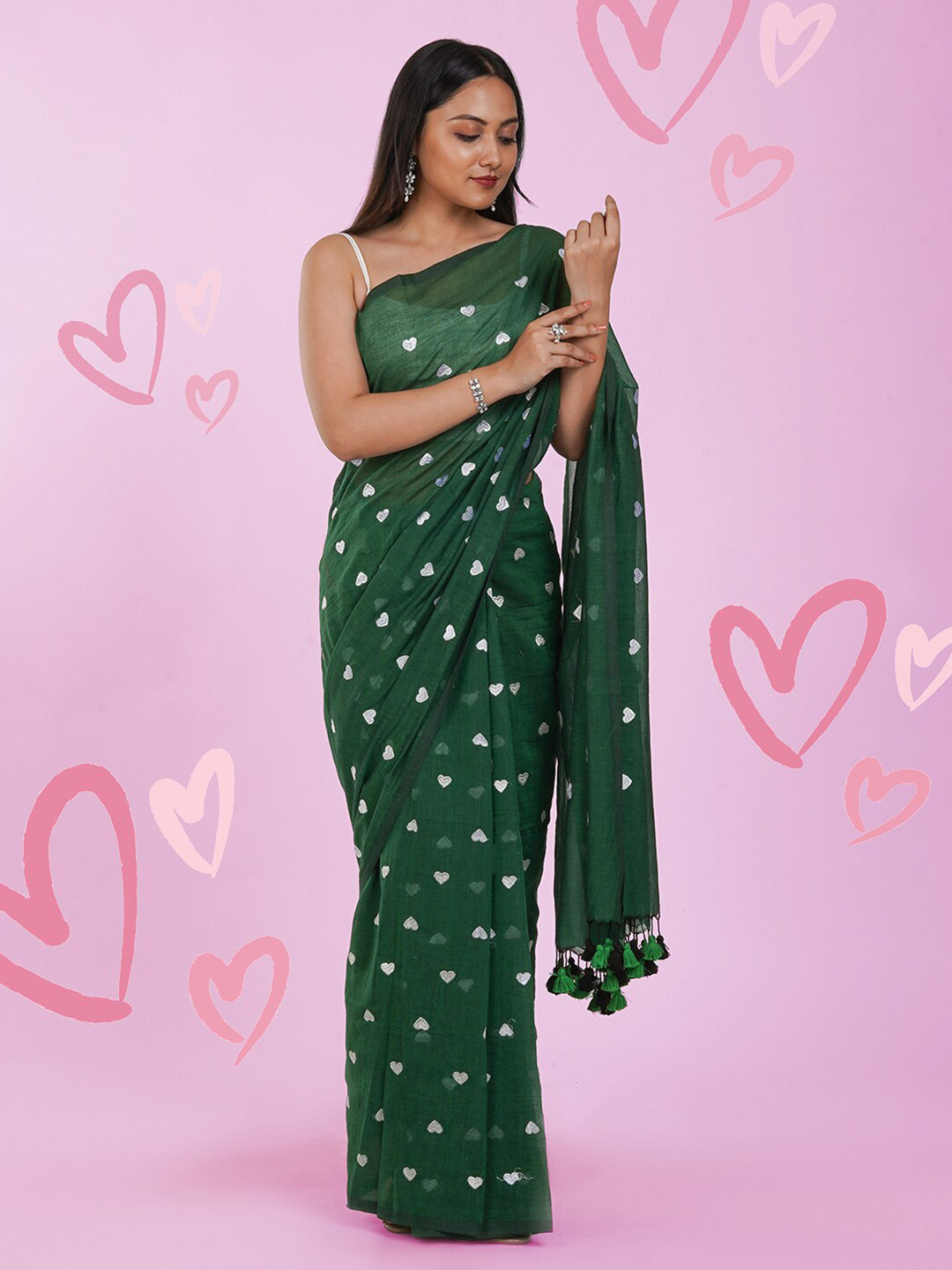 TEEJH White Embroidered Pure Cotton Murshidabad Silk Saree
