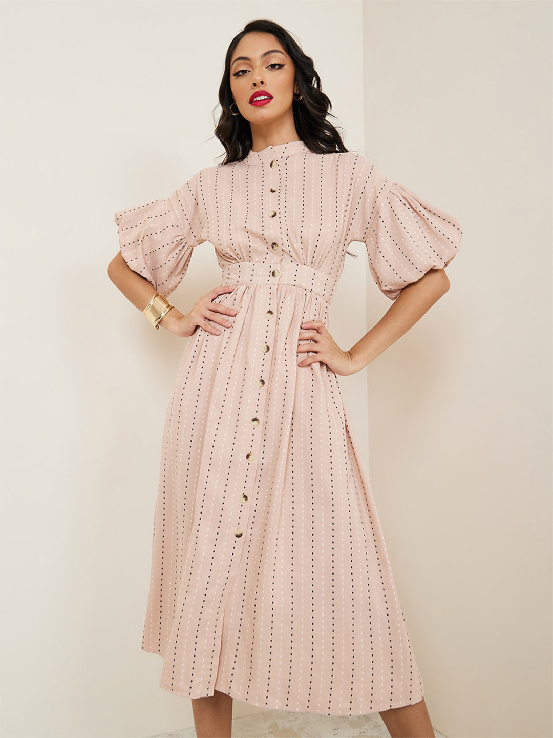 Styli Beige Ditsy Print Shirt Midi Dress with Button Placket