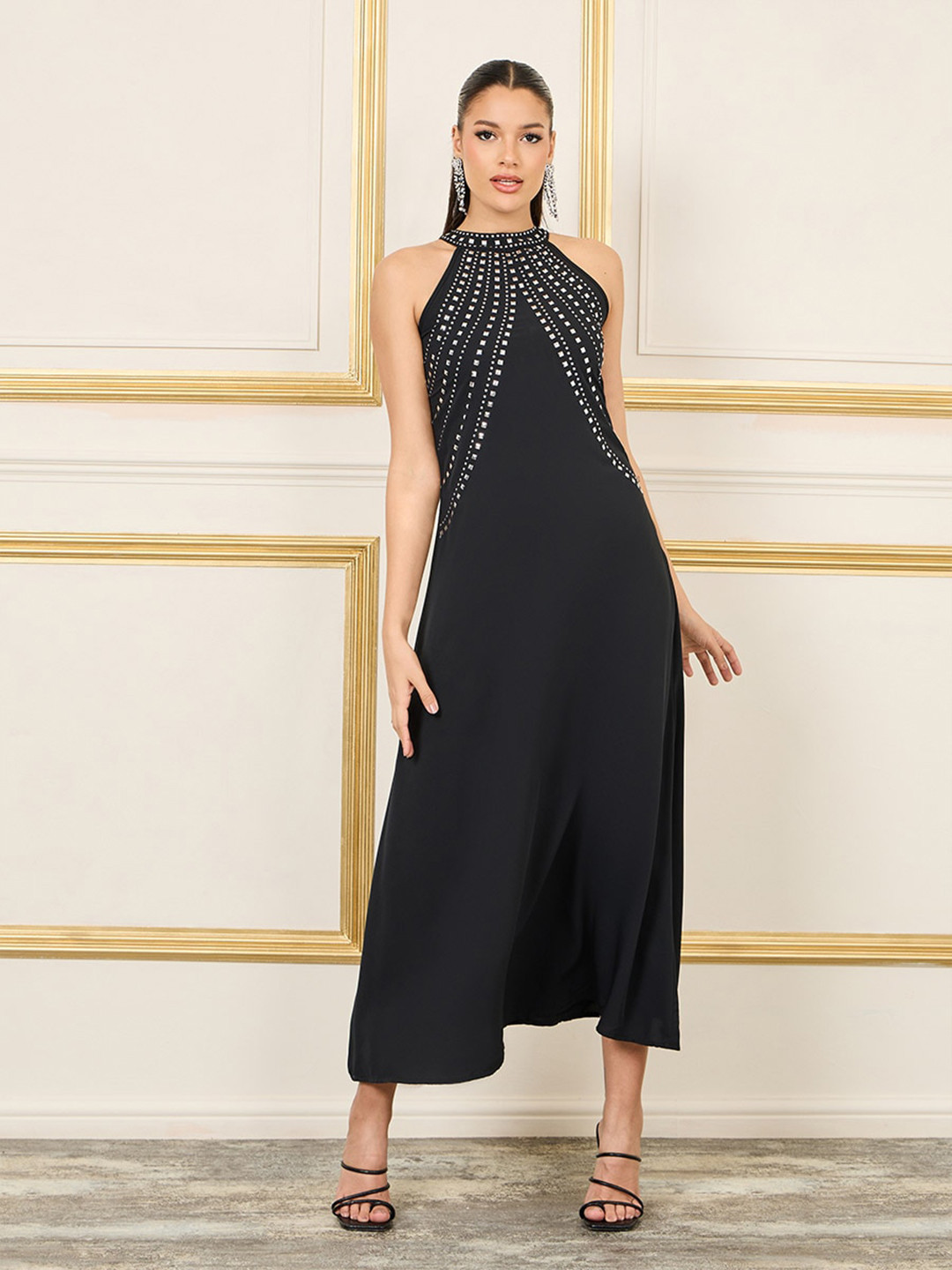 Styli Black Embellished Halter Neck Sheath Maxi Dress
