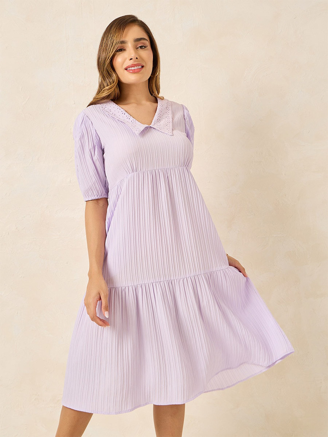 Styli Lavender Collared A-Line Midi Dress With Puff Sleeves