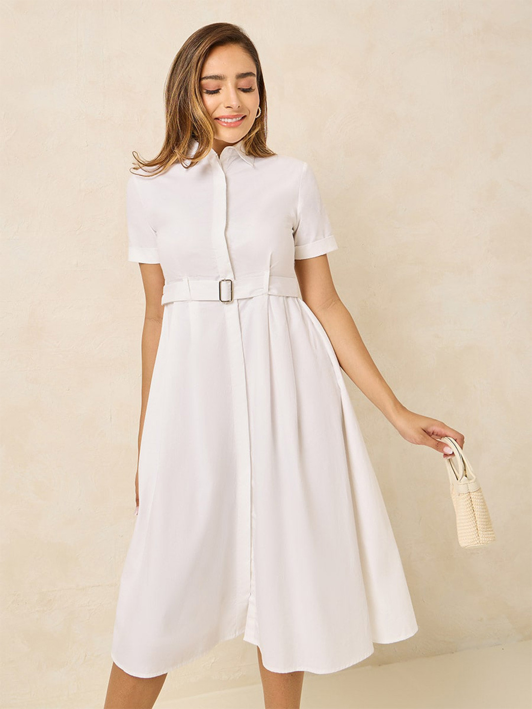 Styli White Short Sleeve Shirt Midi Dress With Belt