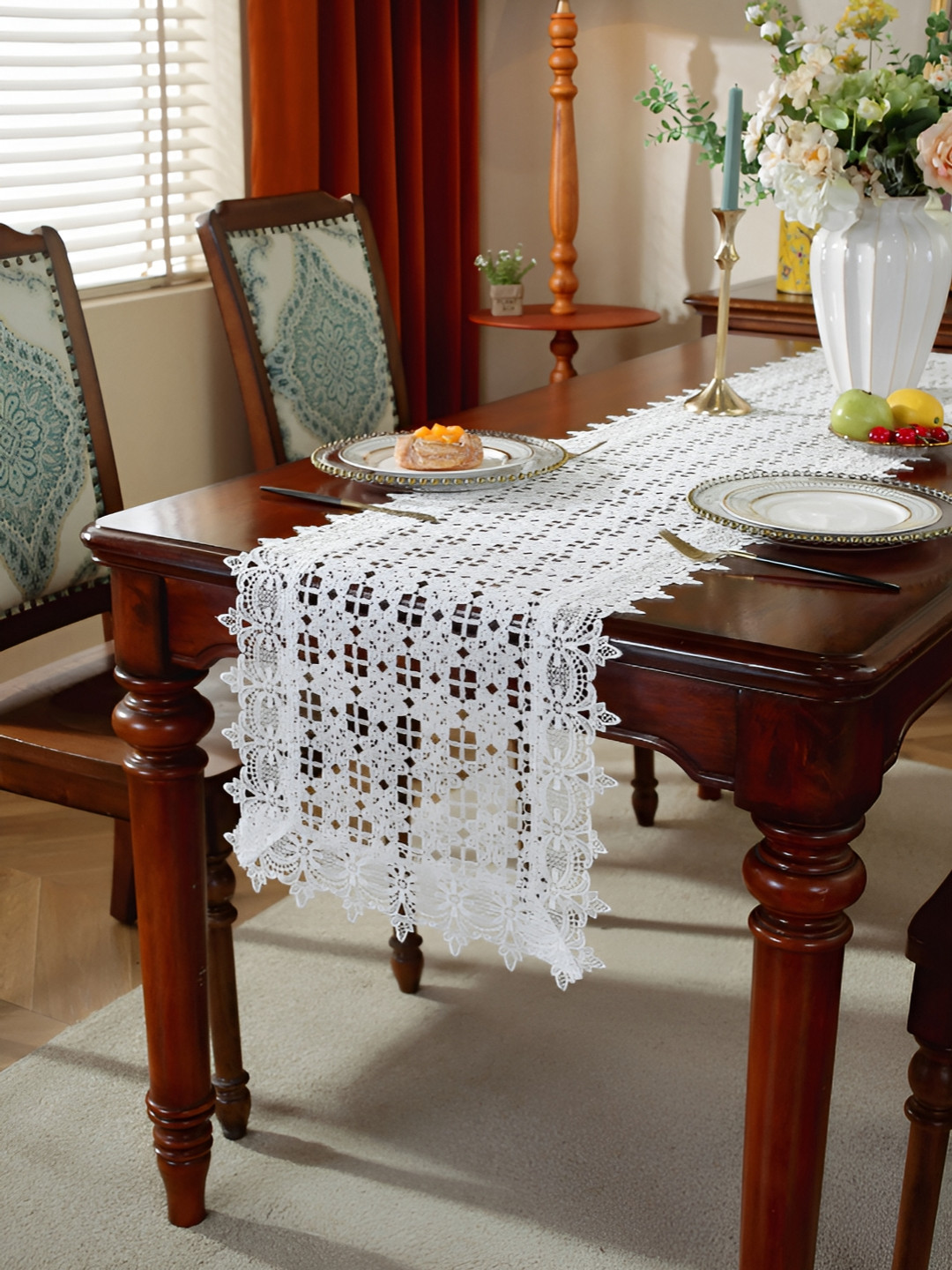 TANLOOMS White Floral Designed Table Runner