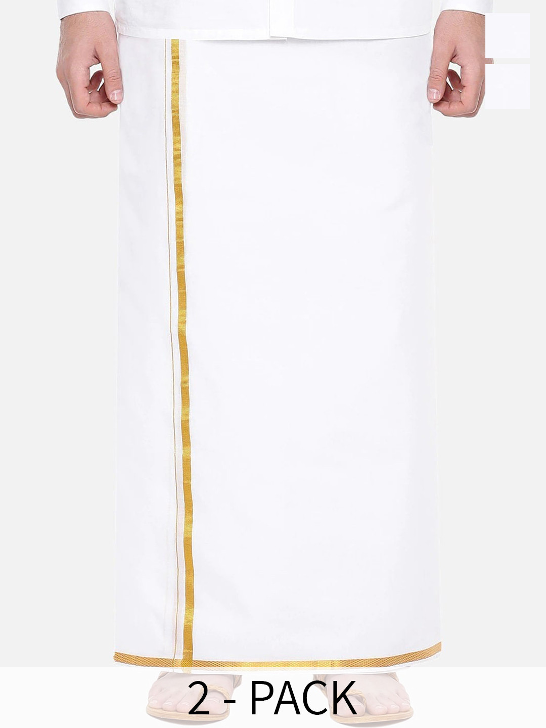 Ramraj Pack of 2 Pure Cotton Single Layer Dhotis With Golden Zari Border