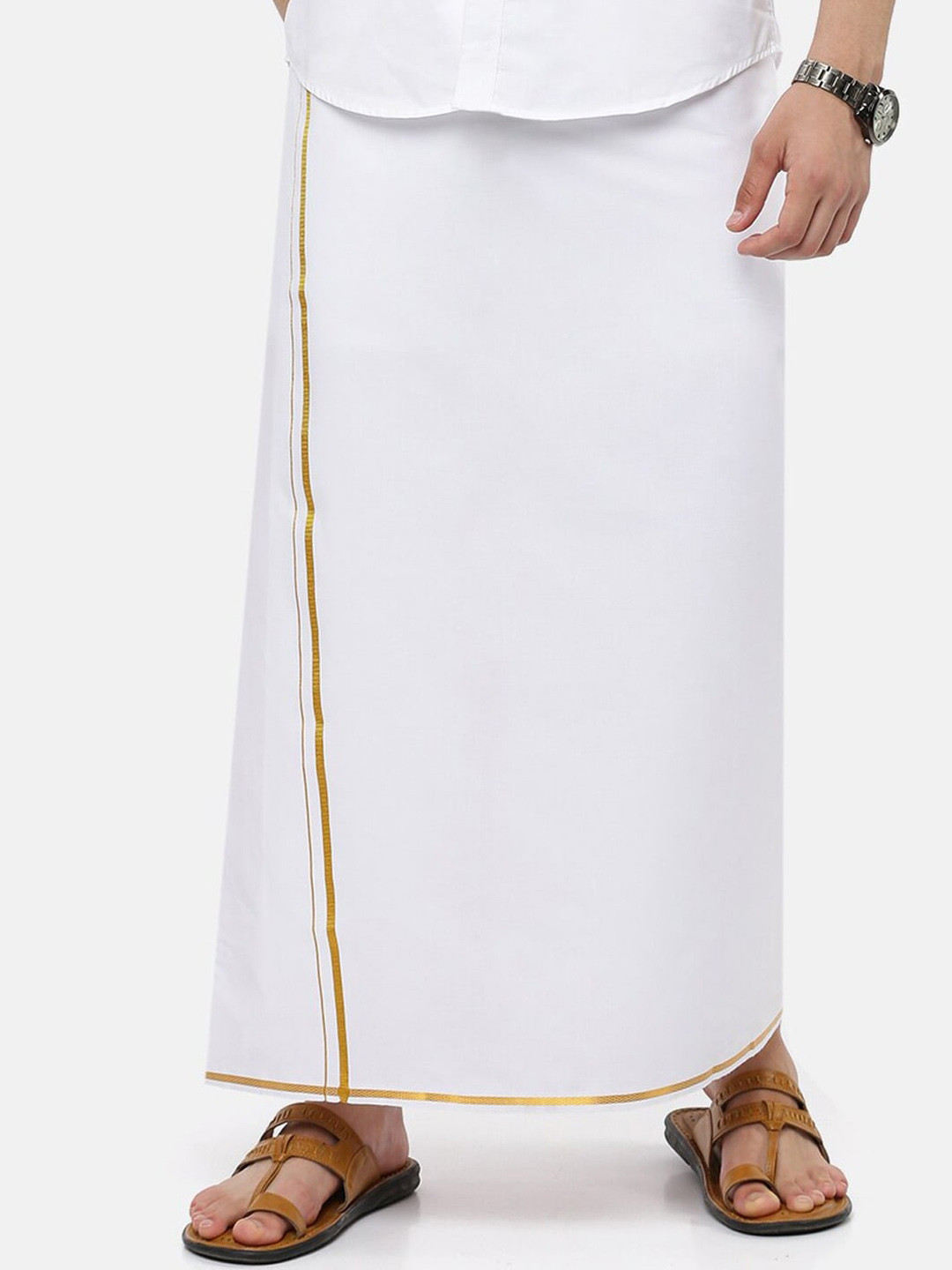 Ramraj Men Cotton White Solid Gold  Border Single Layer Dhoti