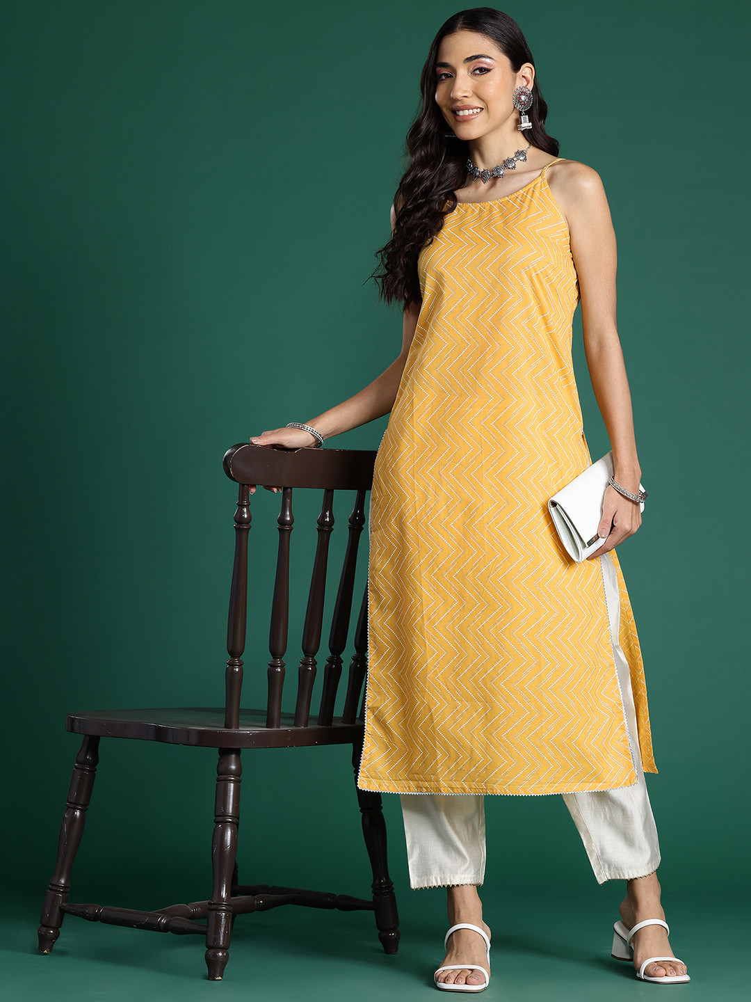 Indo Era Chevron Printed Gotta Patti Pure Cotton Kurta