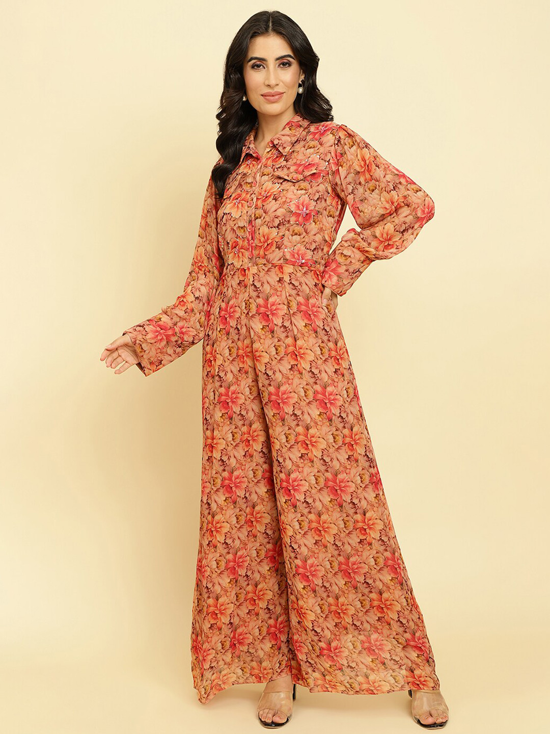 Varanga Floral Printed Shirt Collar Basic Jumpsuit With Embroidered
