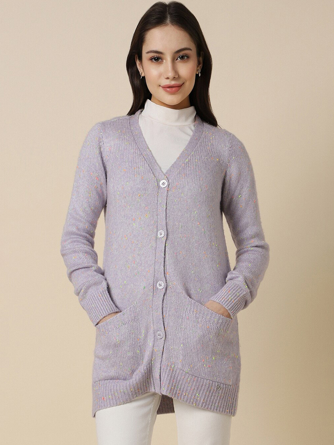 Allen Solly Woman Striped V-Neck Pure Acrylic Longline Cardigan