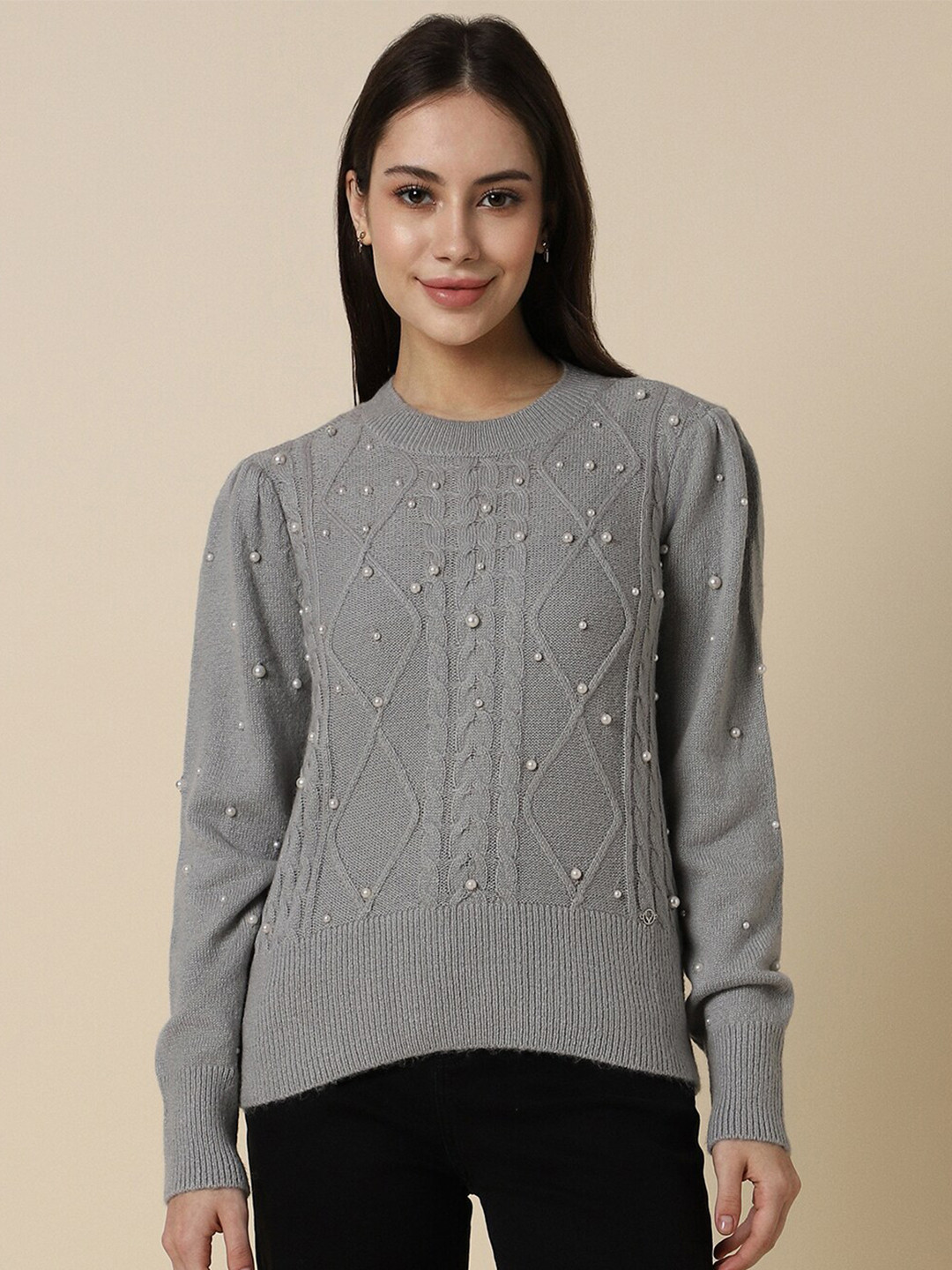Allen Solly Woman Cable Knit Self Design Embellished Detailed Pure Acrylic Pullover