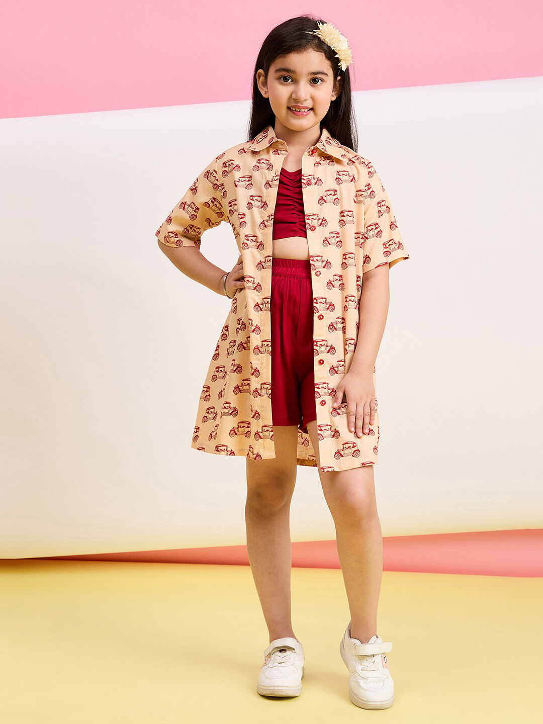 Stylo Bug Girls Pure Cotton Crop Top & Shirt with Shorts