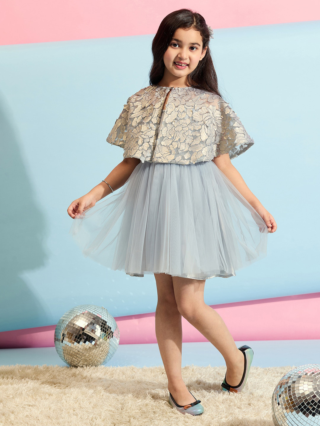 Stylo Bug Girls Cape Sleeve Net Fit & Flare Dress
