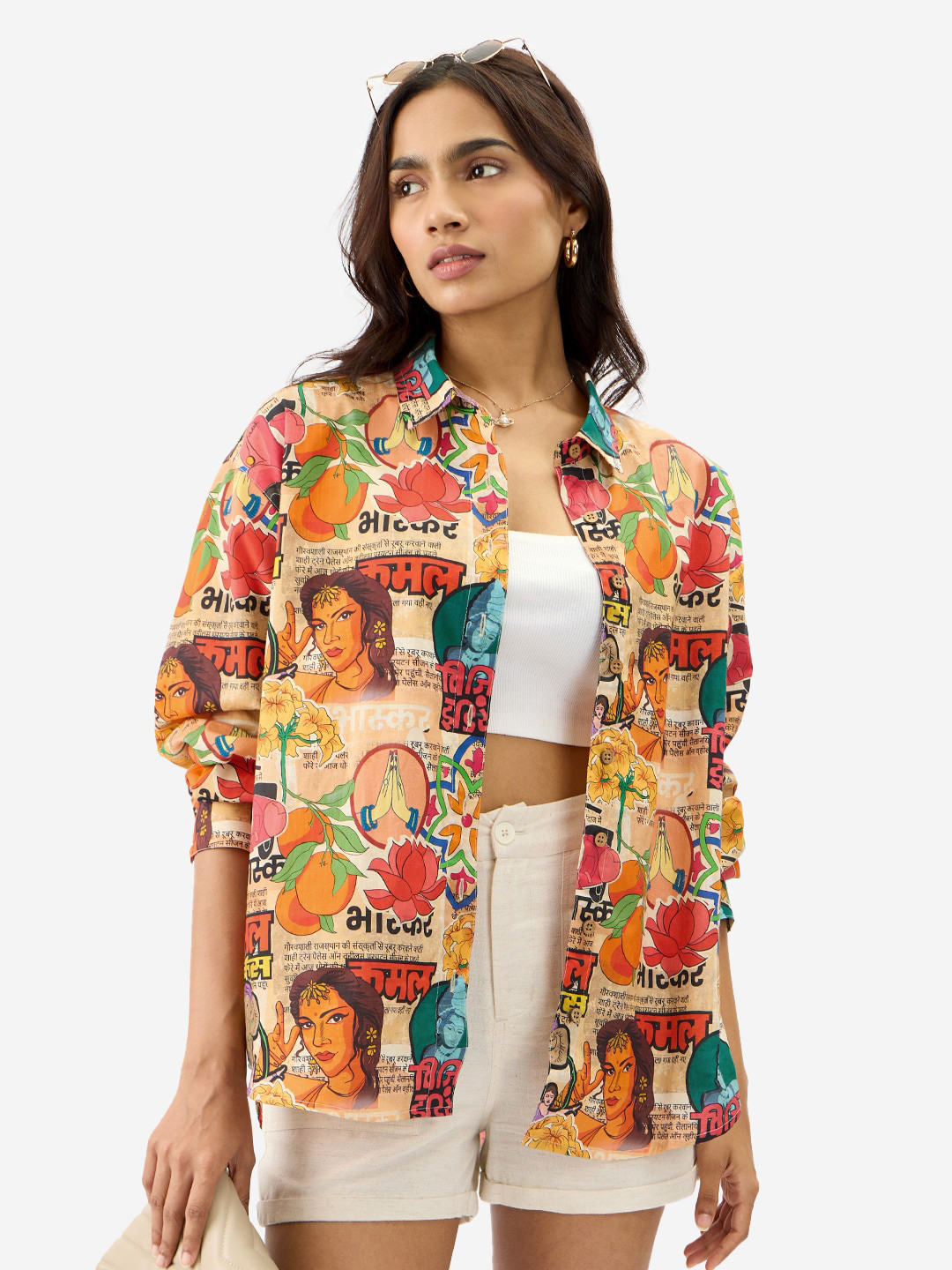 The Souled Store Women Oversized Fit Printed Beige Boyfriend Shirts