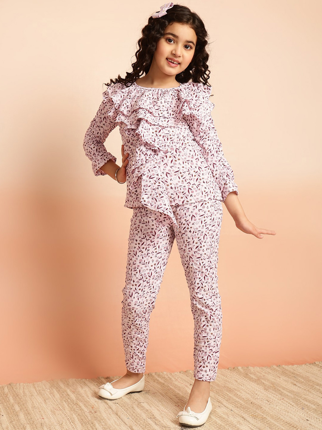 BAESD Girls Floral Printed Ruffles Detailed Top With Trouser