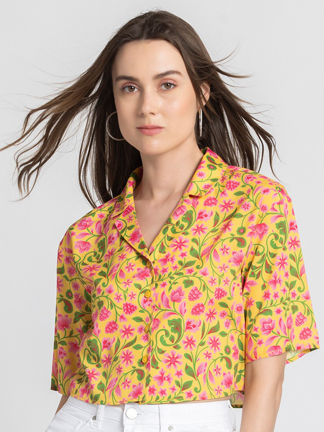 SHAYE Floral Print Crepe Crop Top