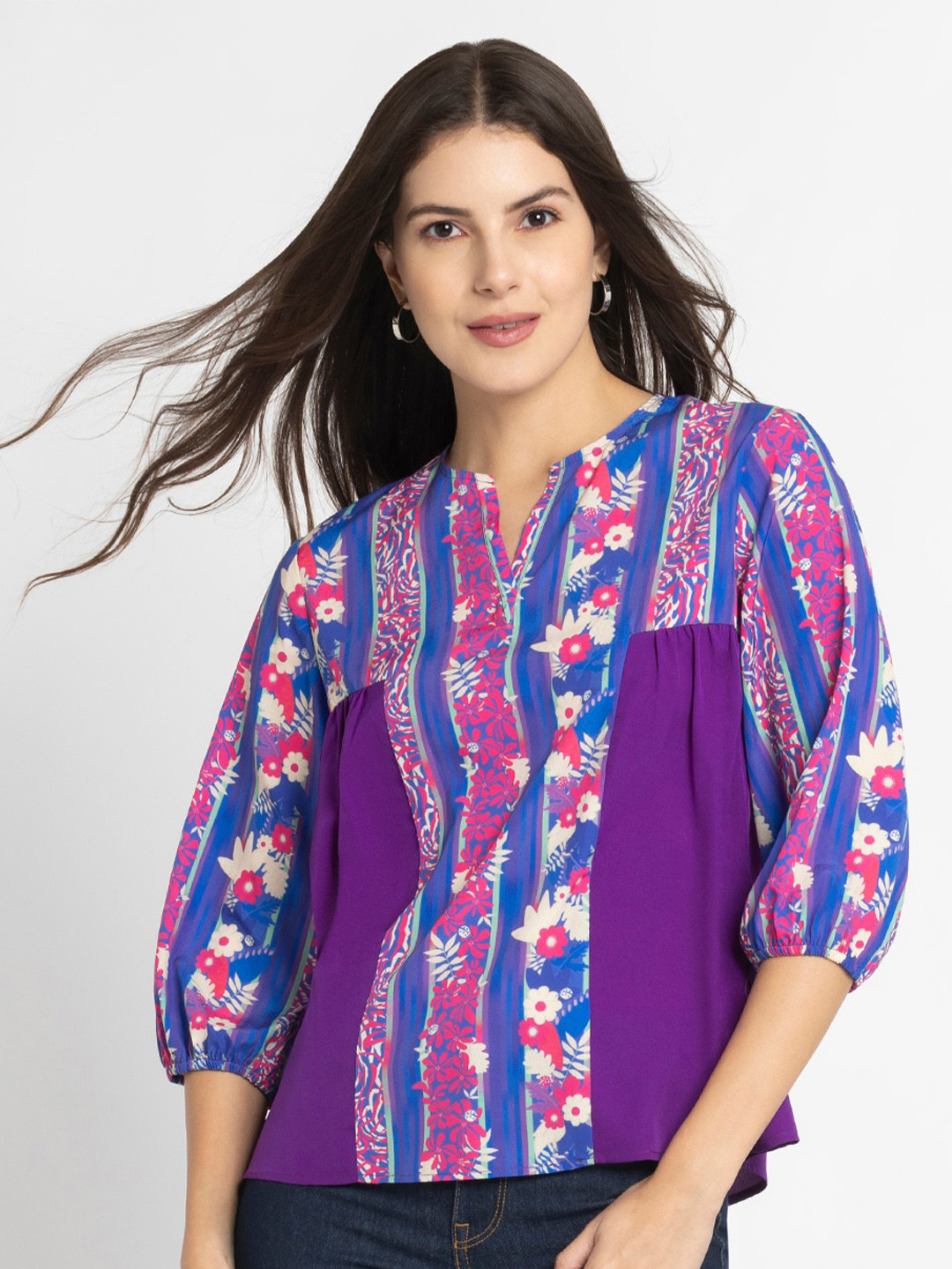 SHAYE Print Mandarin Collar Crepe Top