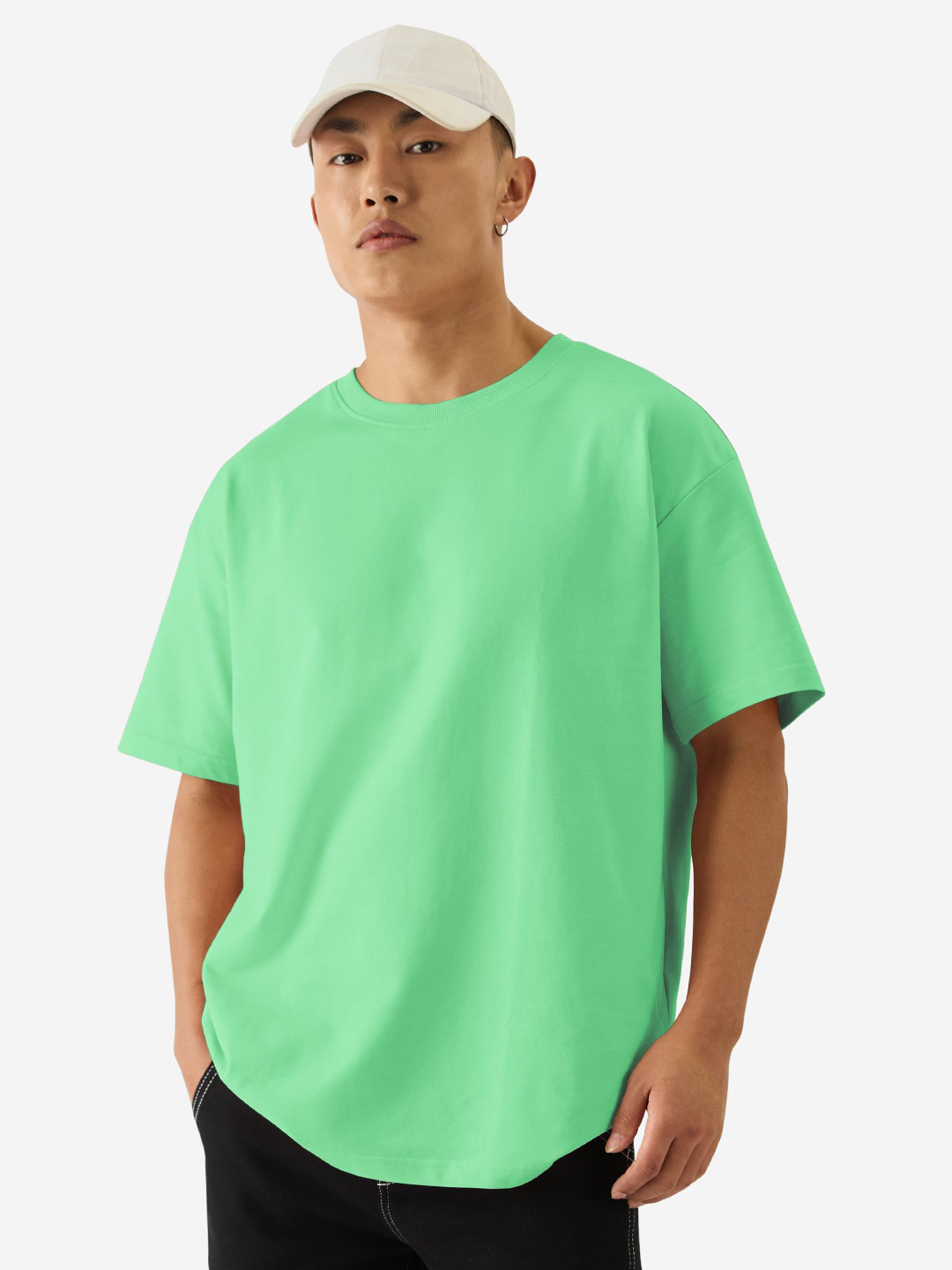 The Souled Store Green Round Neck Drop-Shoulder Sleeves Cotton Oversized T-shirt