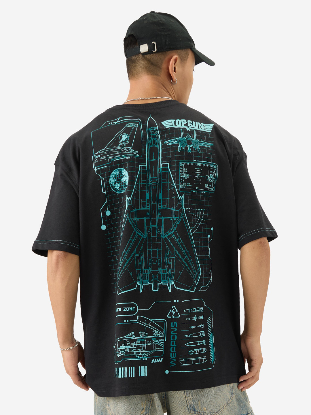 The Souled Store Black Graphic Printed Drop-Shoulder Sleeves Cotton Oversized T-shirt