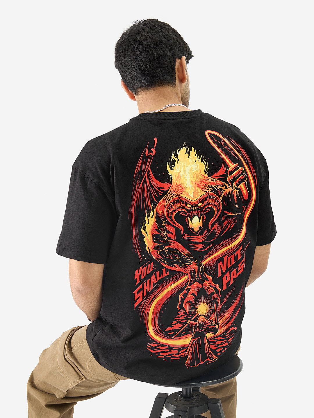 The Souled Store Black Lord Of The Rings Drop-Shoulder Sleeves Cotton Oversized T-shirt