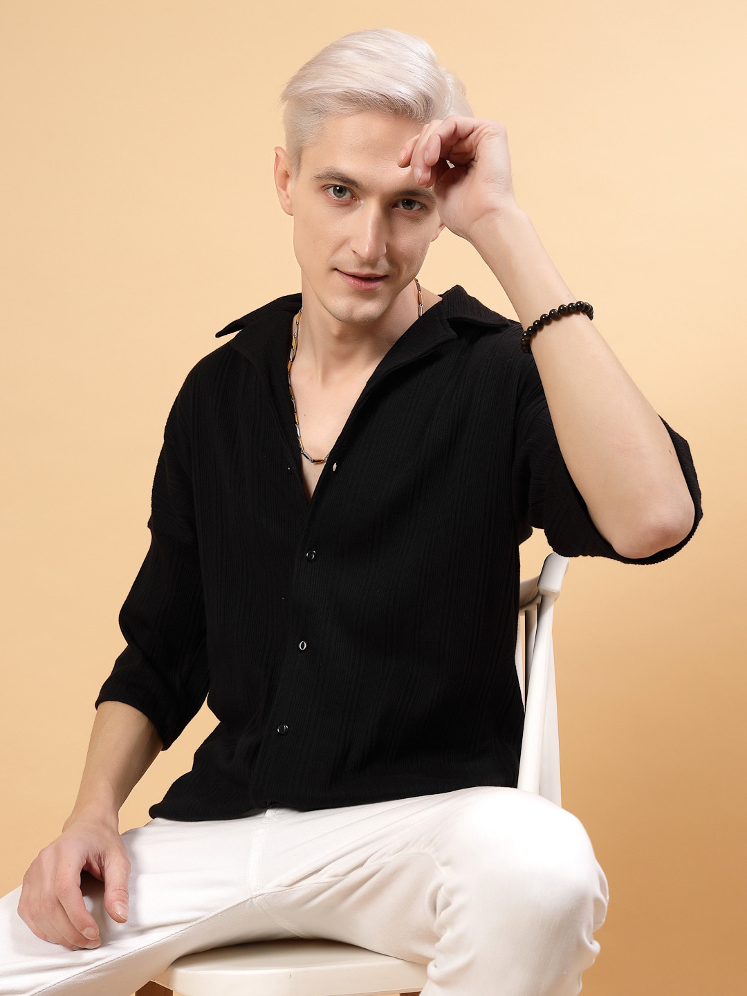 Rigo Comfort Textured Self Design Cuban Collar Cotton Oversized Casual Shirt