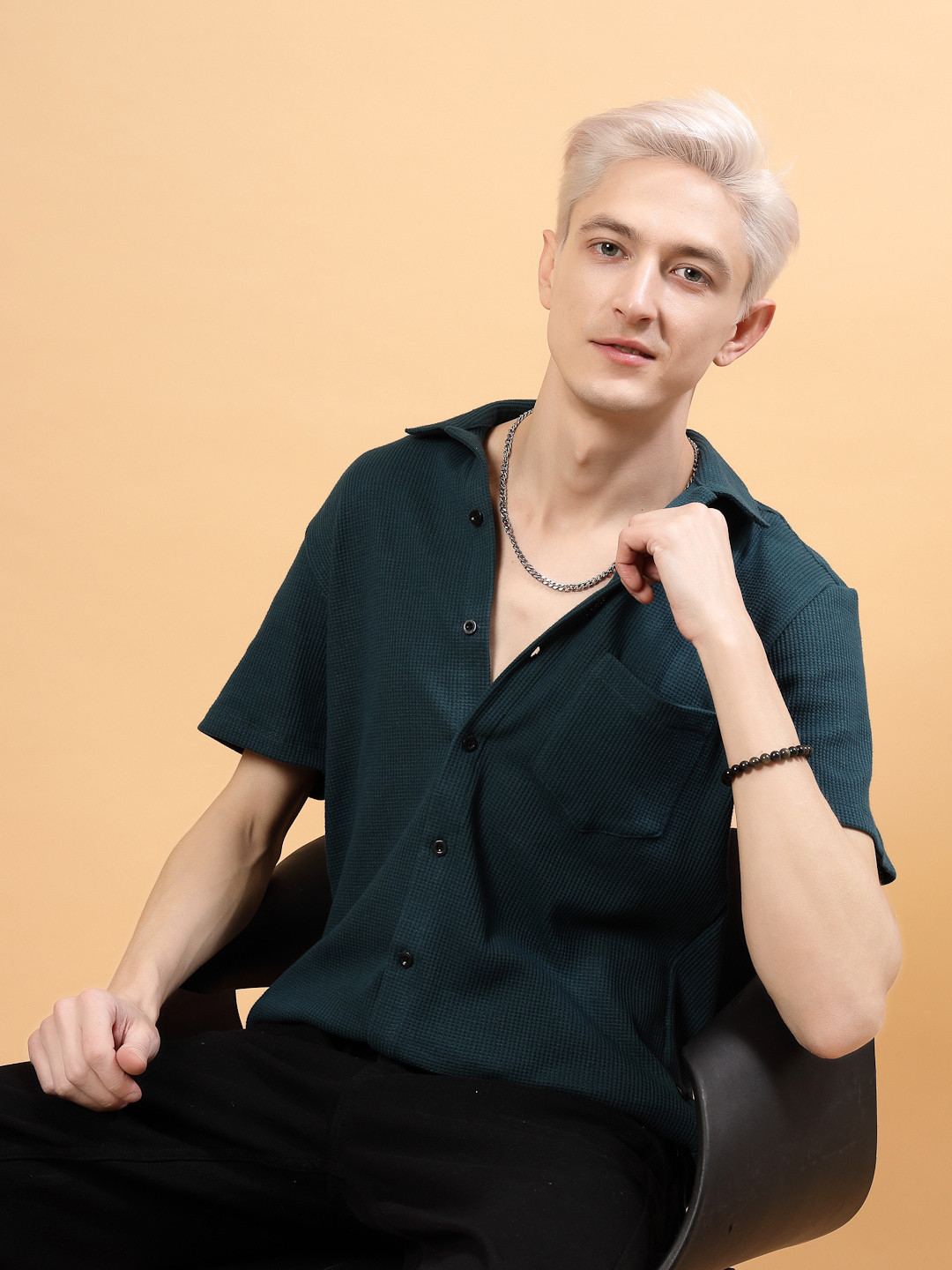 Teal Green Textured Regular Fit Casual Shirt