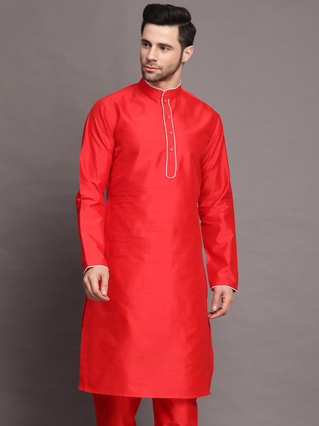 Utsav Fashion Men Yoke Design Thread Work Cherry Red Kurta