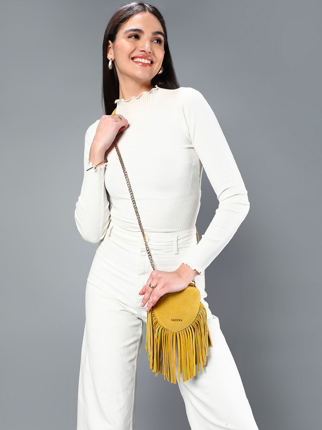 Sassora Textured Leather Heart Shape Bucket Sling Bag with Tasselled