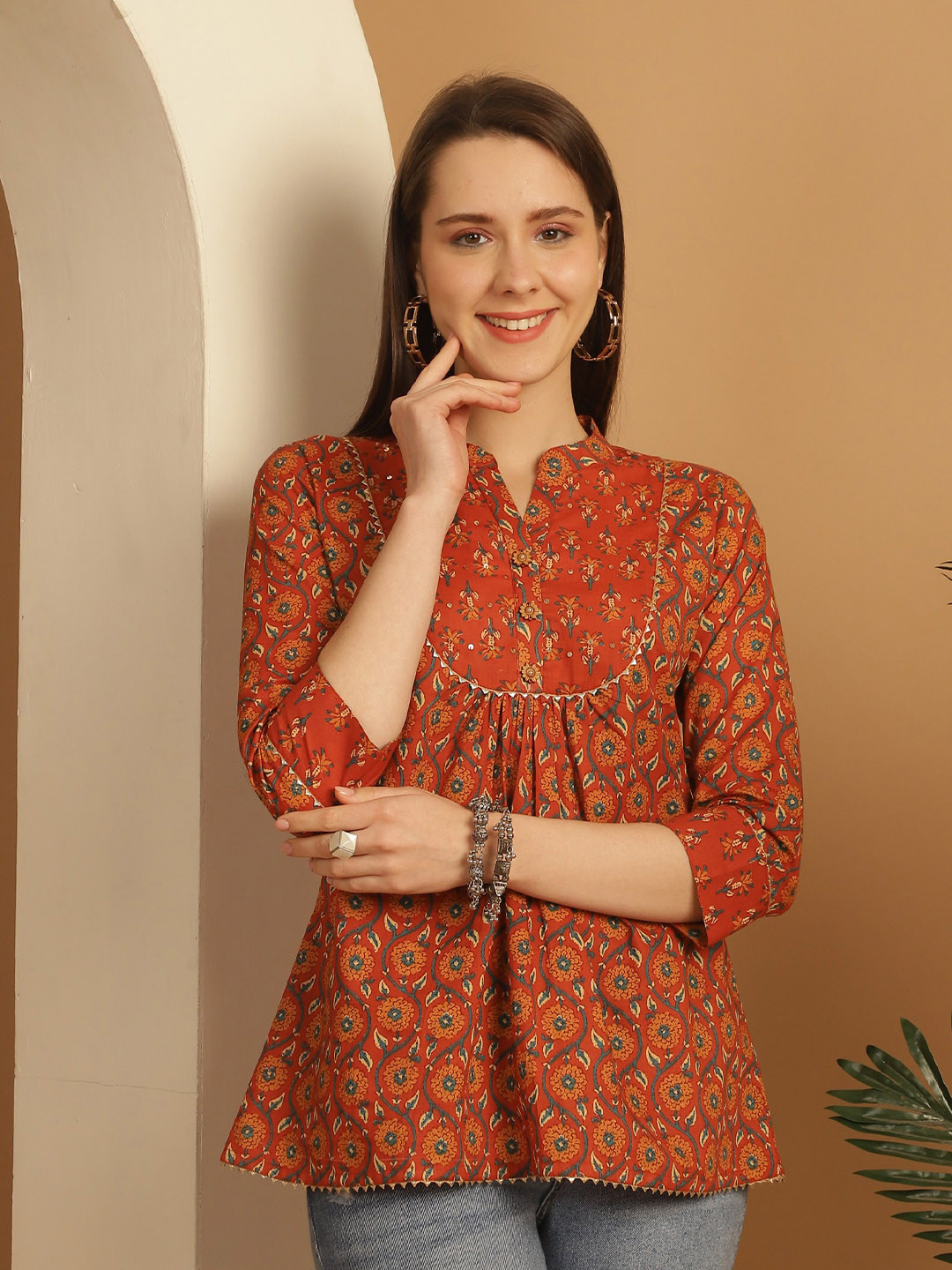 Roly Poly Floral Print Mandarin Collar Cotton Empire Top