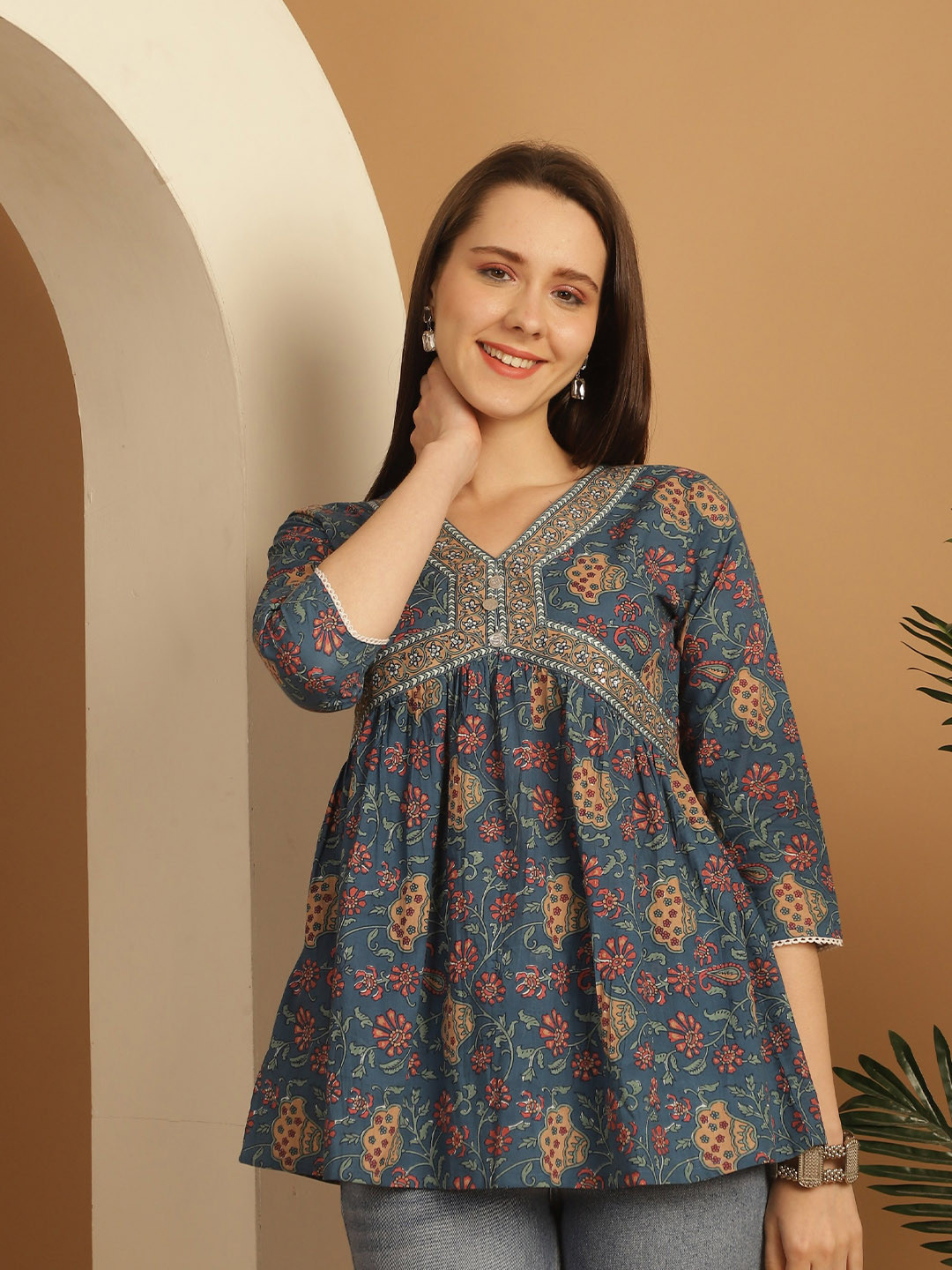 Roly Poly Floral Print Cotton Empire Top