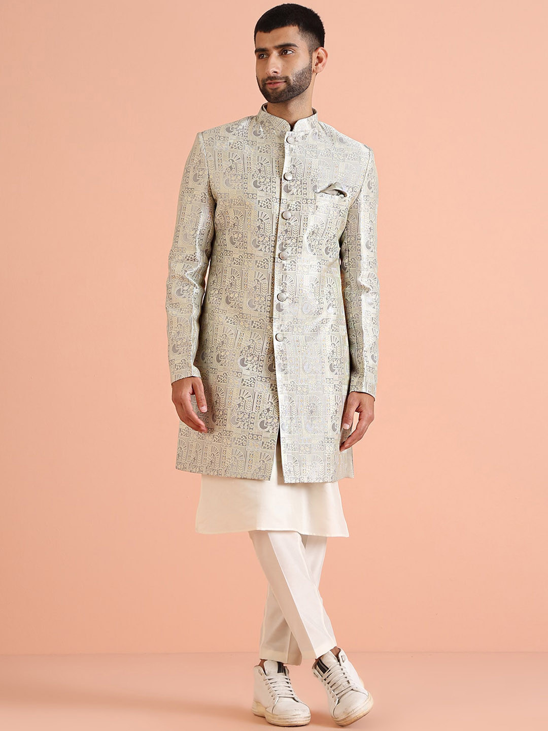 KISAH Men Ethnic Motifs Jacquard Silk Georgette Indowestern Sherwani With Kurta & Trousers