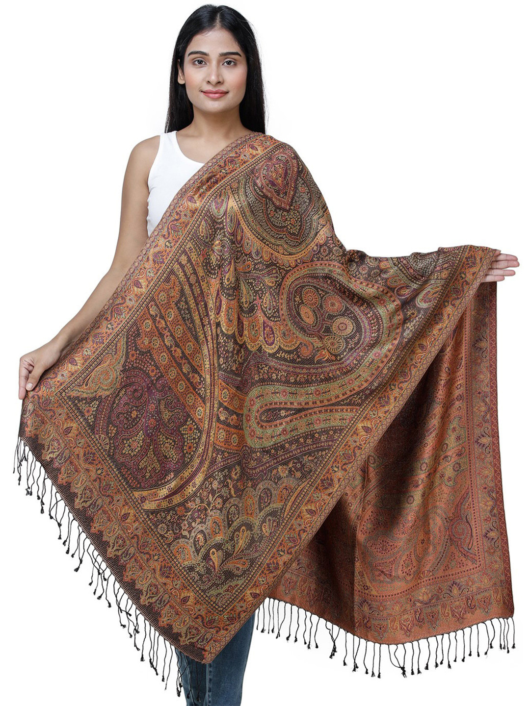 Exotic India Multicolor Paisleys-Flowers Woven Reversible Super Silk Jamawar Stole