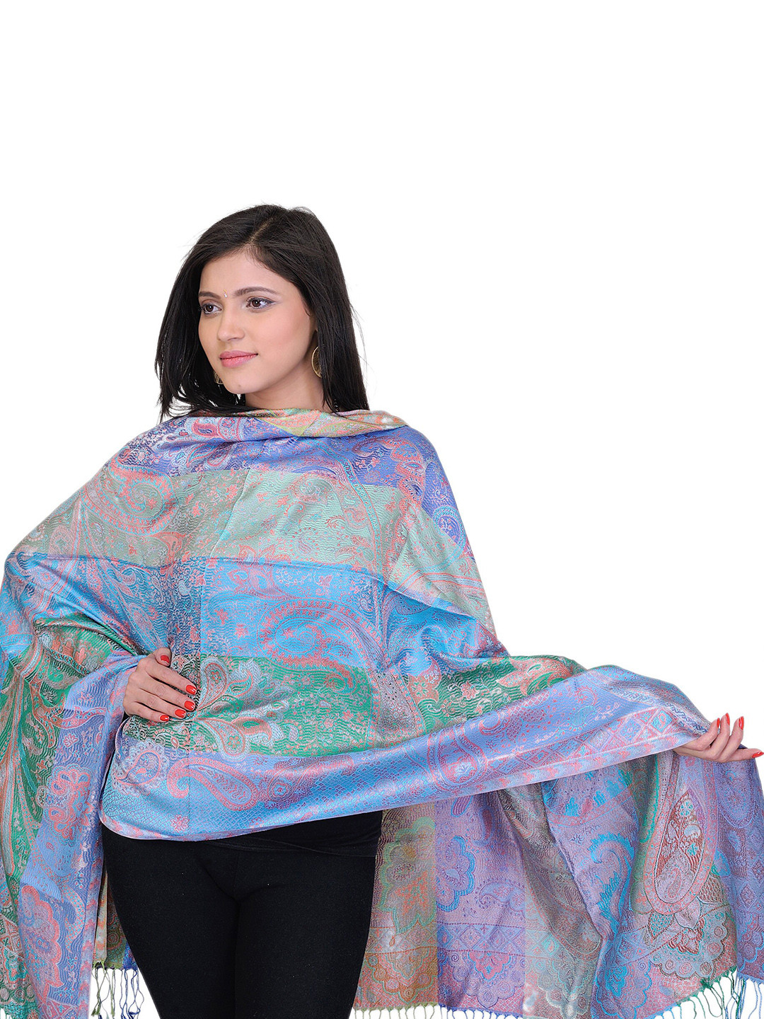 Exotic India Milk Blue Paisleys-Flowers Woven Reversible Super Silk Jamawar Stole