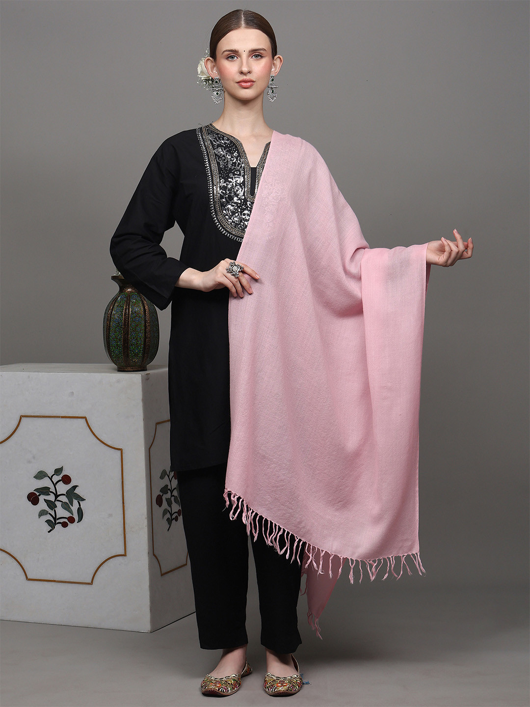 Exotic India Crystal Rose Pure Wool Plain Kashmiri Tusha Stole