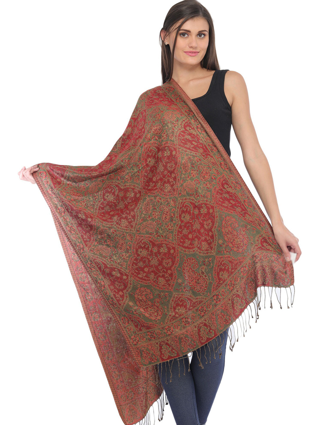 Exotic India Red And Green Paisleys-Flowers Woven Reversible Super Silk Jamawar Stole