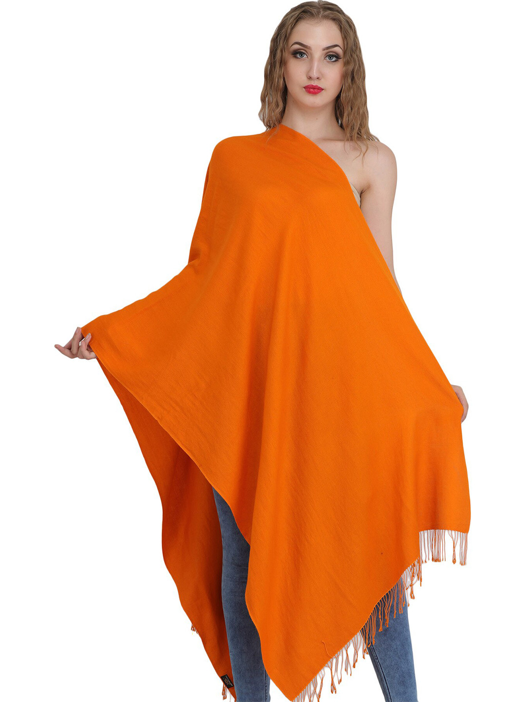 Exotic India Sun Orange Plain Cashmere Silk Stole