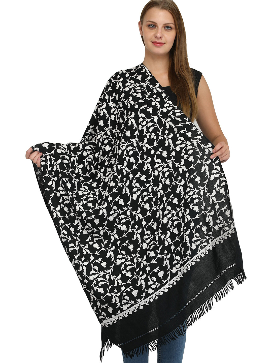 Exotic India Jet Black Aari Embroidered Paisleys by Hand Pure Wool Kashmiri Stole