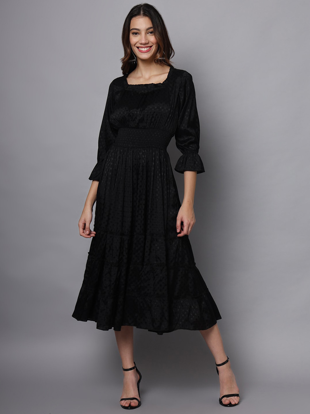 Eavan Women Self Design Bell Sleeve Fit & Flare Midi Dress