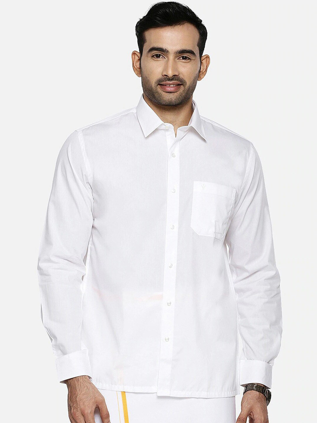 White Regular Fit Spread Collar Casual Shirt