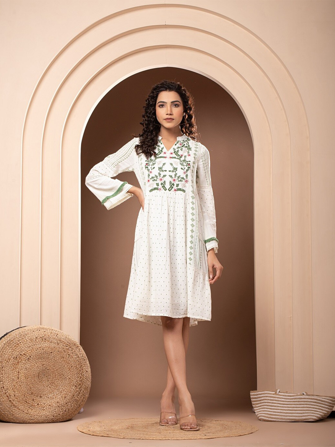 Nyaro Polka Dot Printed Embroidered Mandarin Collar Cotton A-Line Dress