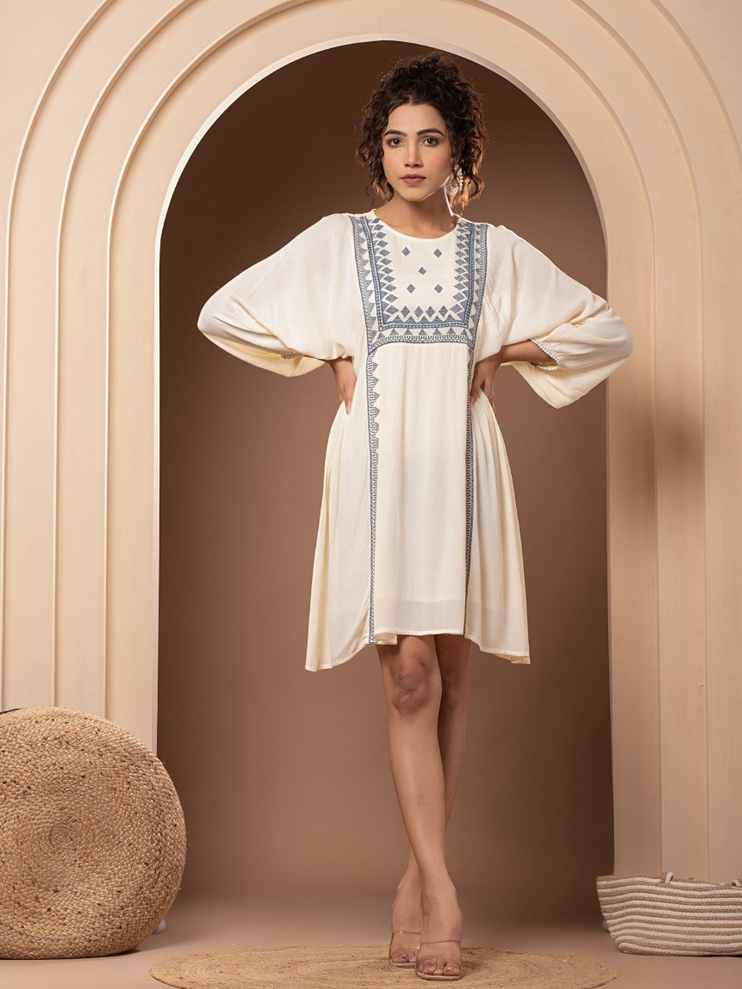 Nyaro Floral Embroidered Batwing Sleeves A-Line Dress