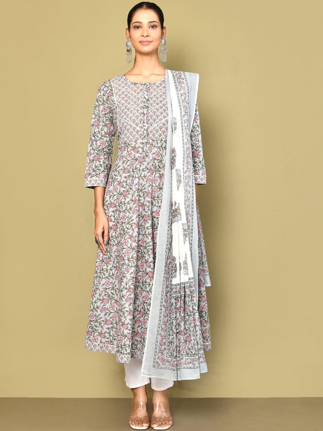 Miravan Women's Blue Printed With Gota Patti Work Anarkali With Dupatta Set