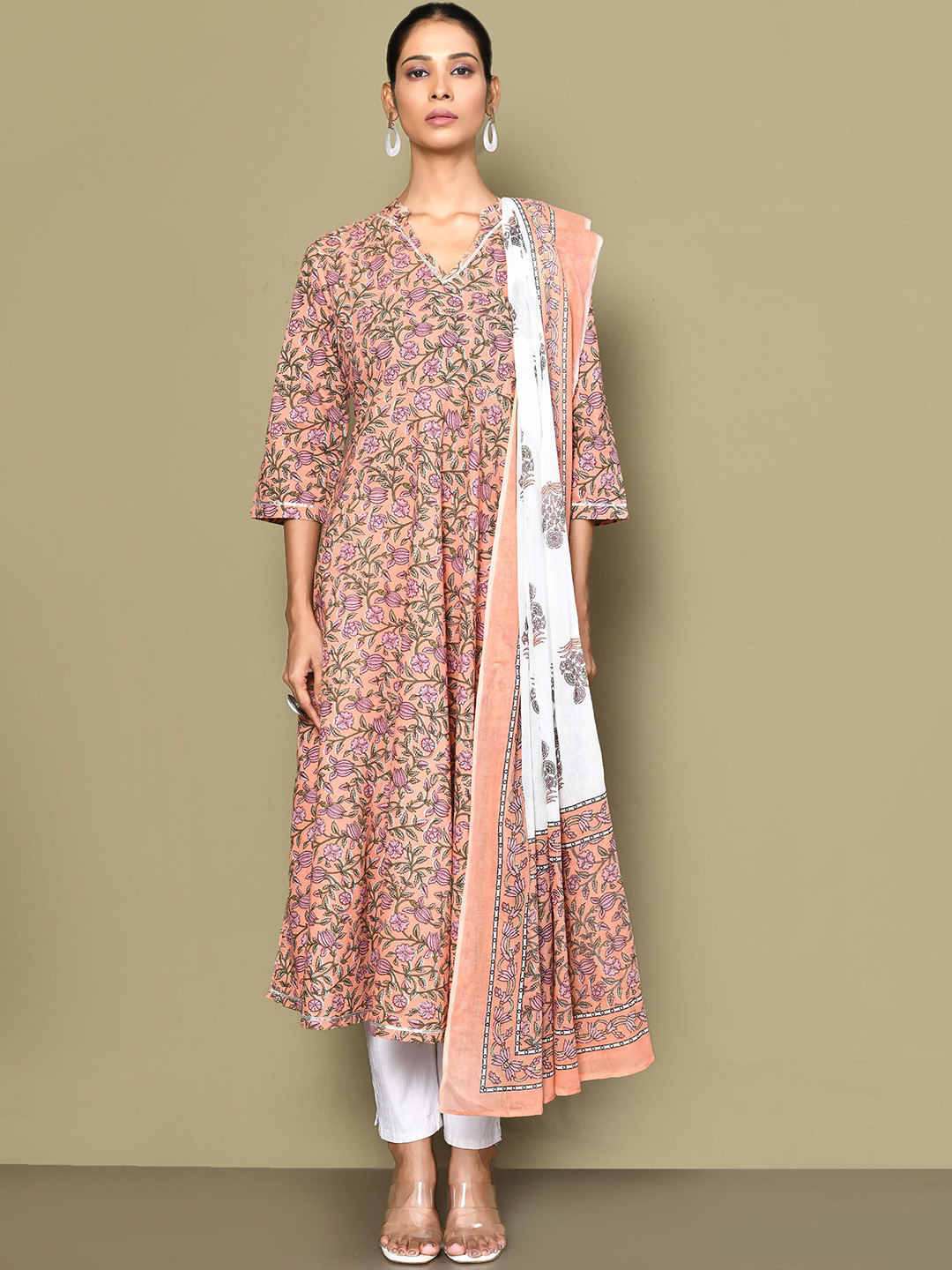 Miravan Surpassing Orange Partywear Floral Printed Anarkali Kurta Dupatta