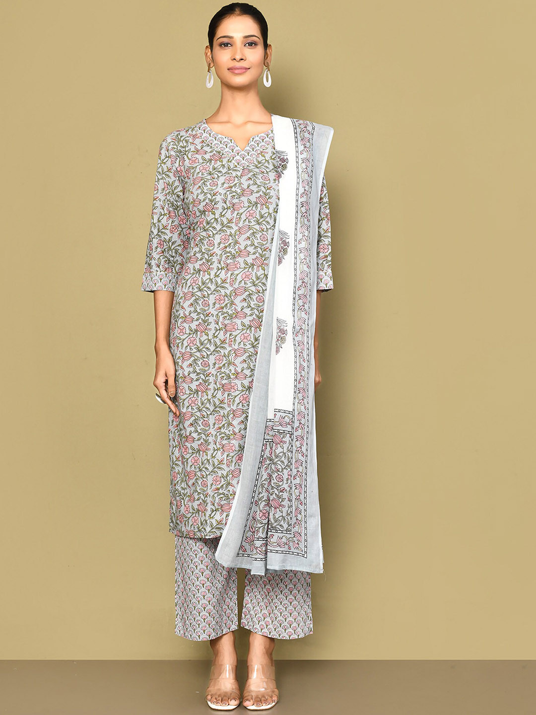 Miravan Women's Blue Floral Printed Gota Patti Cotton Kurta With Palazzo and Dupatta set