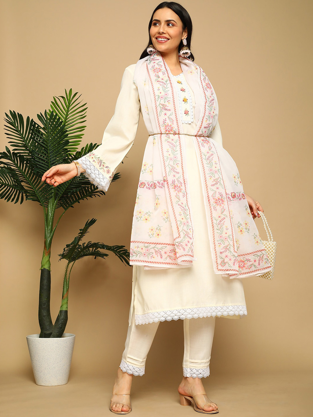 HEEPOSH Floral Embroidered V-Neck Long Sleeves A-Line Kurta with Trousers & Dupatta