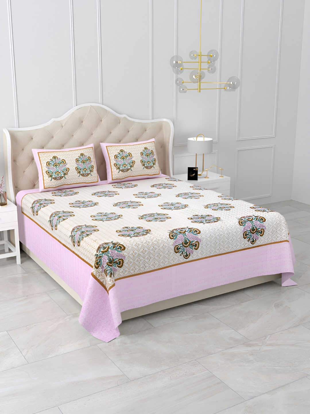 Qfab Pink Floral Cotton 210 TC King Bedsheet with 2 Pillow Covers-100 x 100 inches
