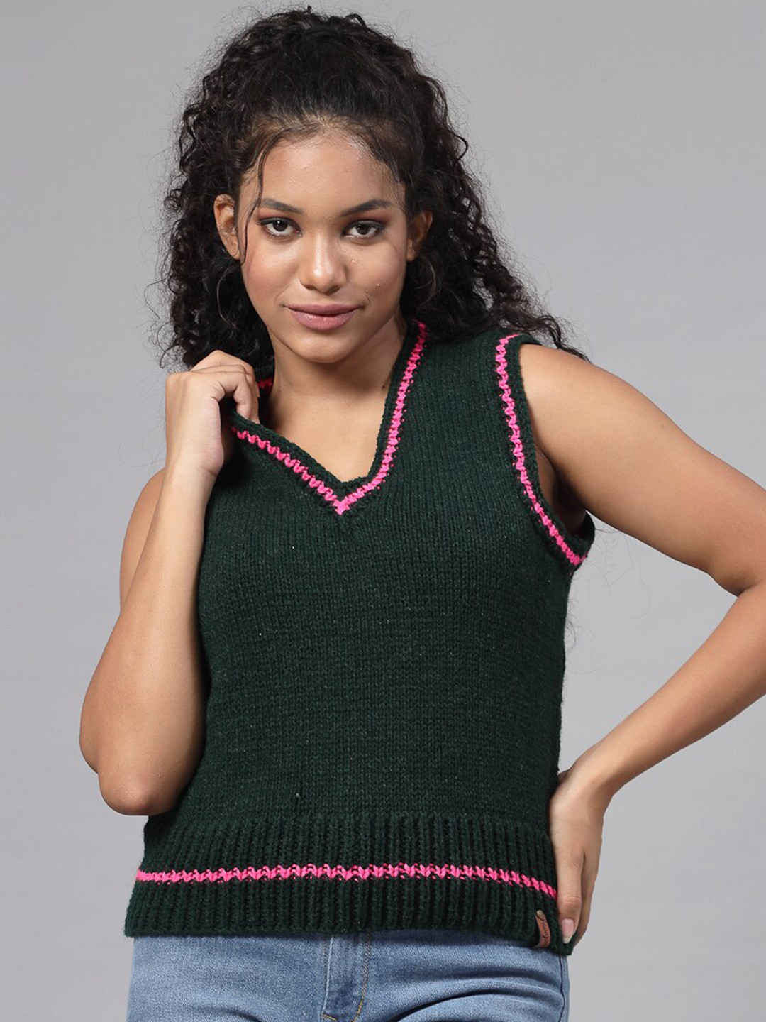 Velvery Open Knit Self Design V Neck Acrylic Sweater Vest