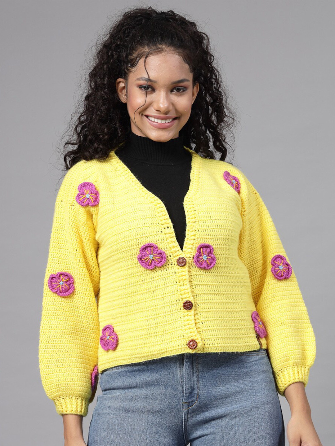 Velvery Floral Self Design V Neck Acrylic Cardigan