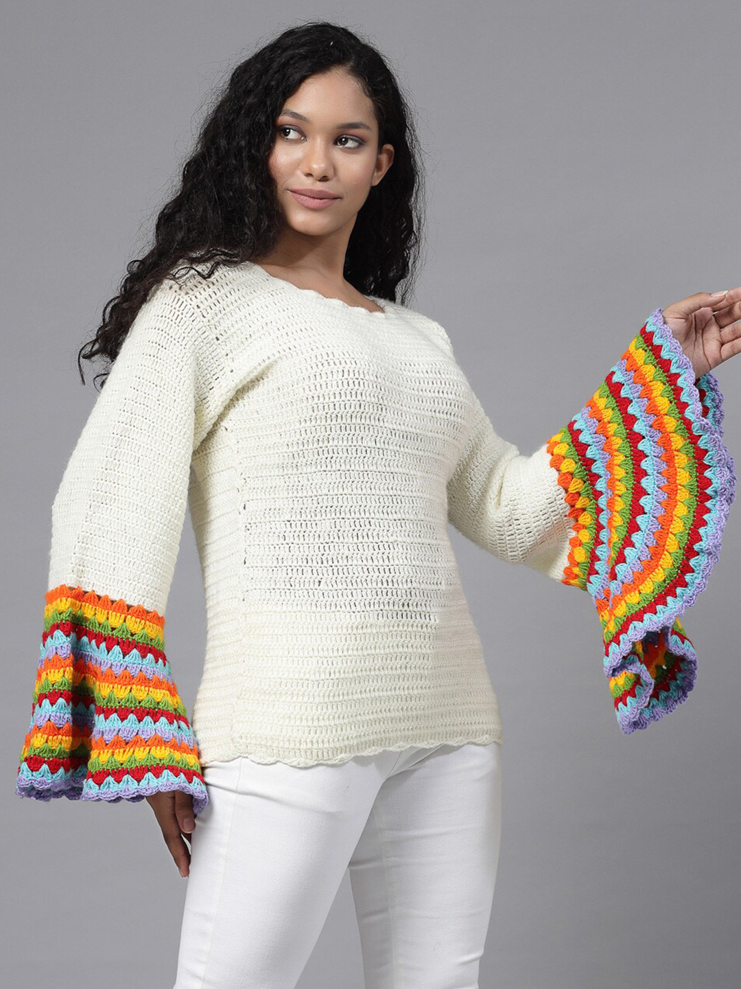 Velvery Self Design Bell Sleeves Acrylic Pullover
