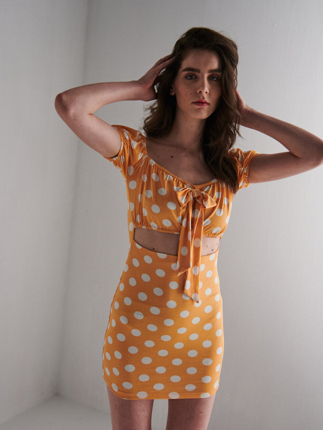 SOTBELLA Polka Dot Print Puff Sleeve Bodycon Mini Dress