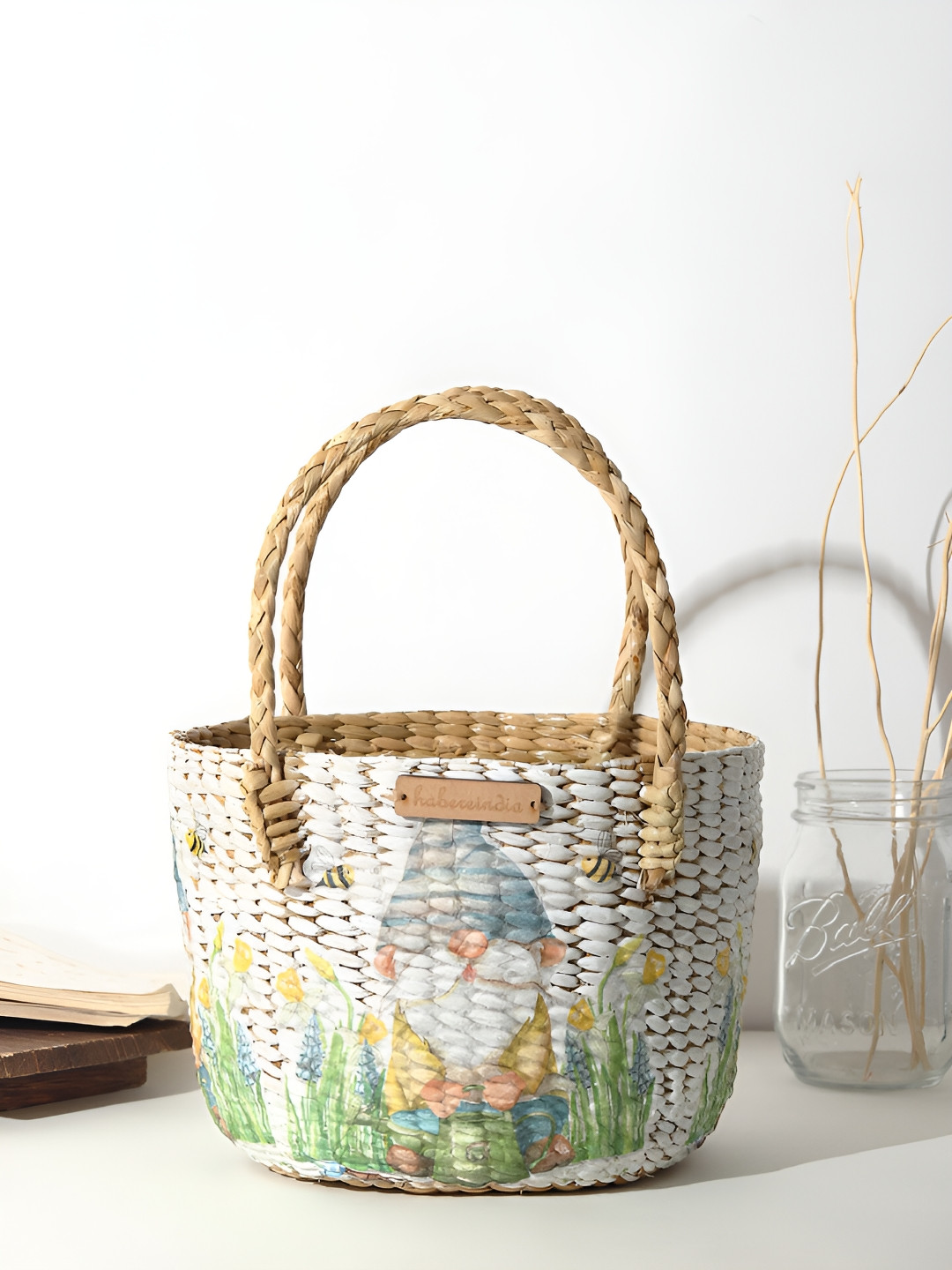 HABERE INDIA White Seagrass Hand-Painted Fruit and Vegetable Basket
