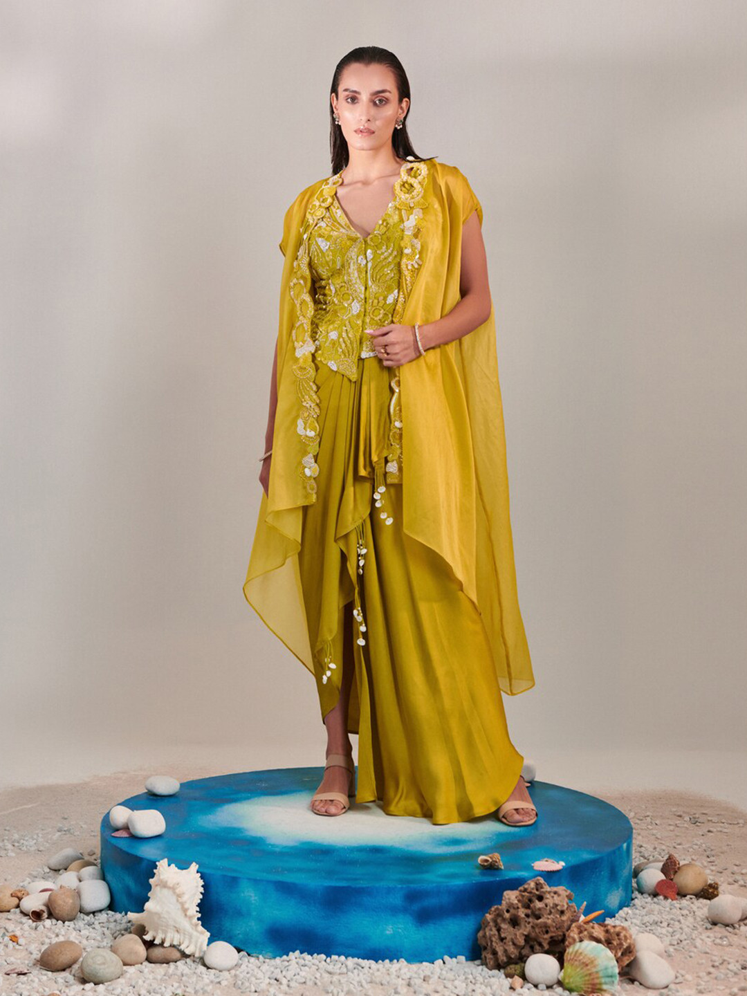 ONE KNOT ONE Embroidered Top & Fitted Jacket with Drape Skirt Set