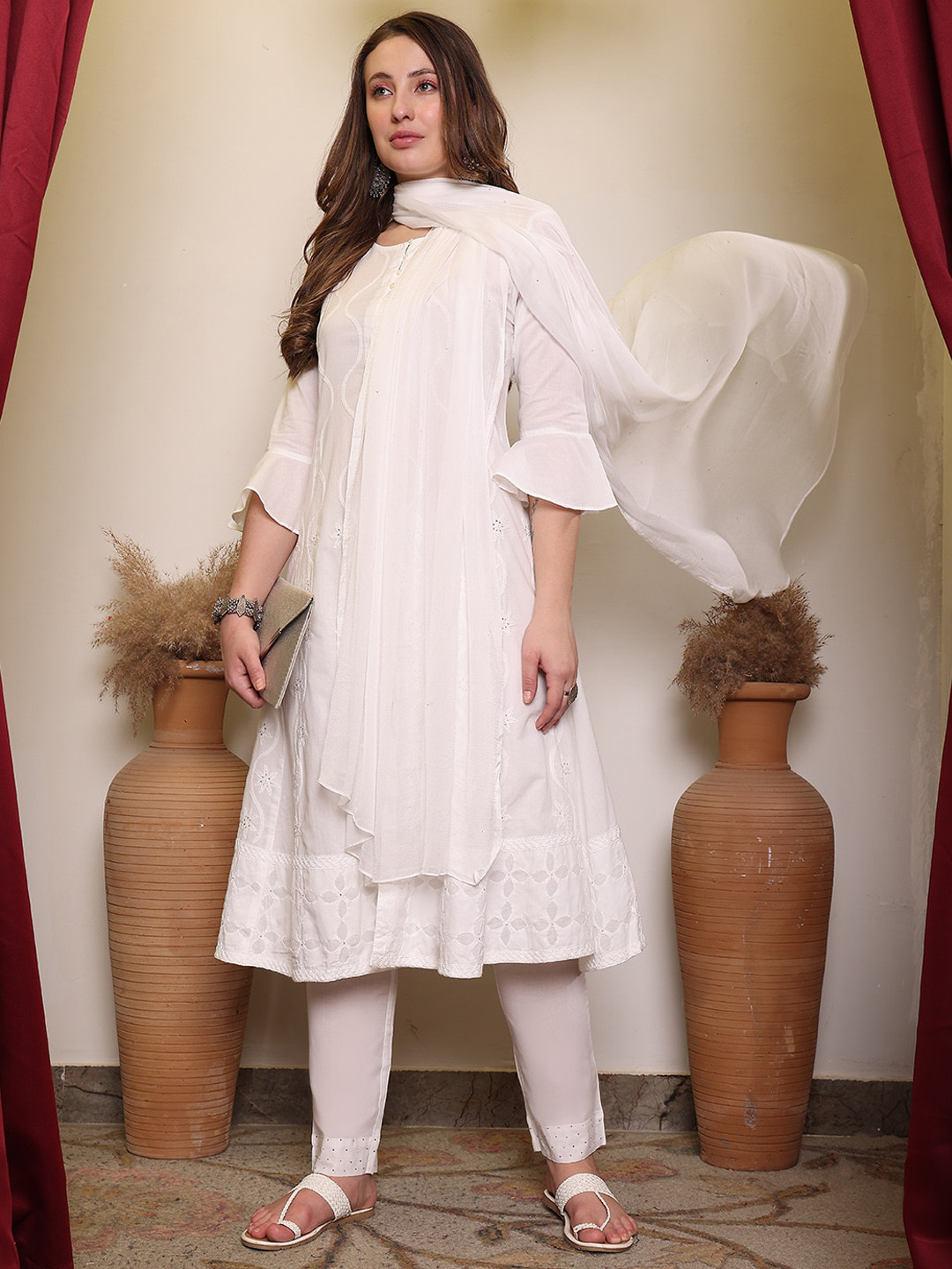 House of Pataudi Chikankari Pure Cotton Front Open White Kurta With Trousers & Dupatta